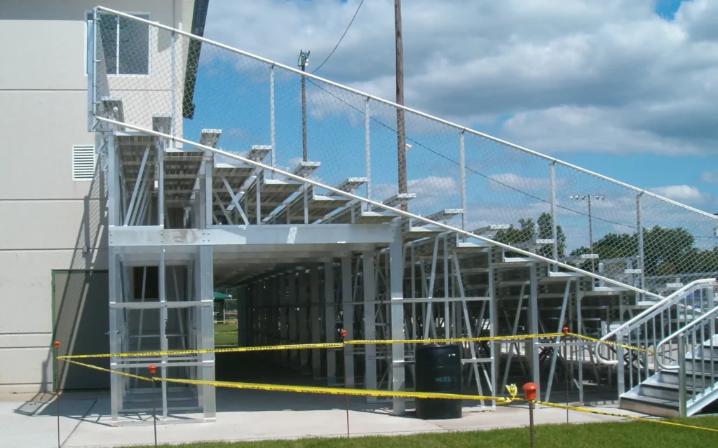 Outdoor elevated bleachers side view.