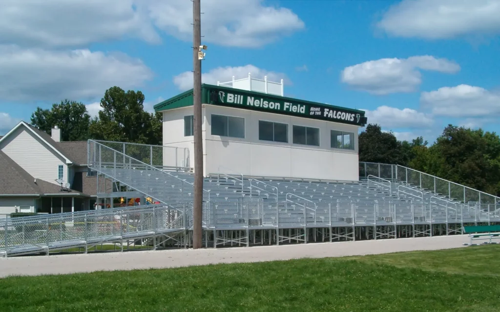 Outdoor elevated bleachers and press box.