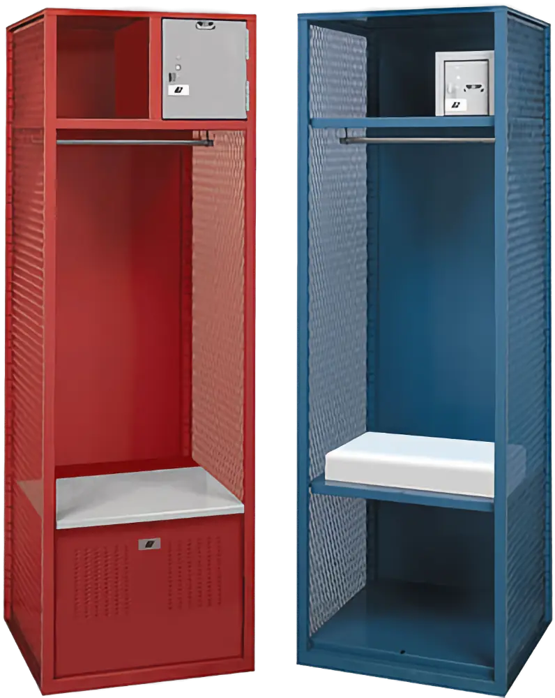 Red vented athletic locker and bed vented athletic locker.