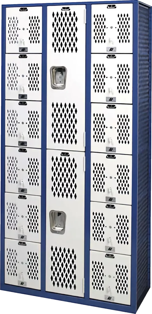 Blue and white vented athletic locker set.