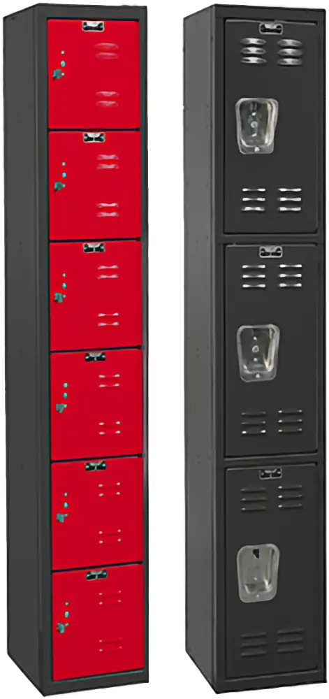 Red sixth-height corridor locker and charcoal gray third-height corridor locker.