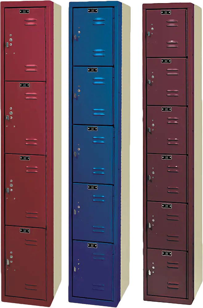 Fourth-height red corridor locker, orange fifth-height corridor locker, and burgundy sixth-height corridor locker.