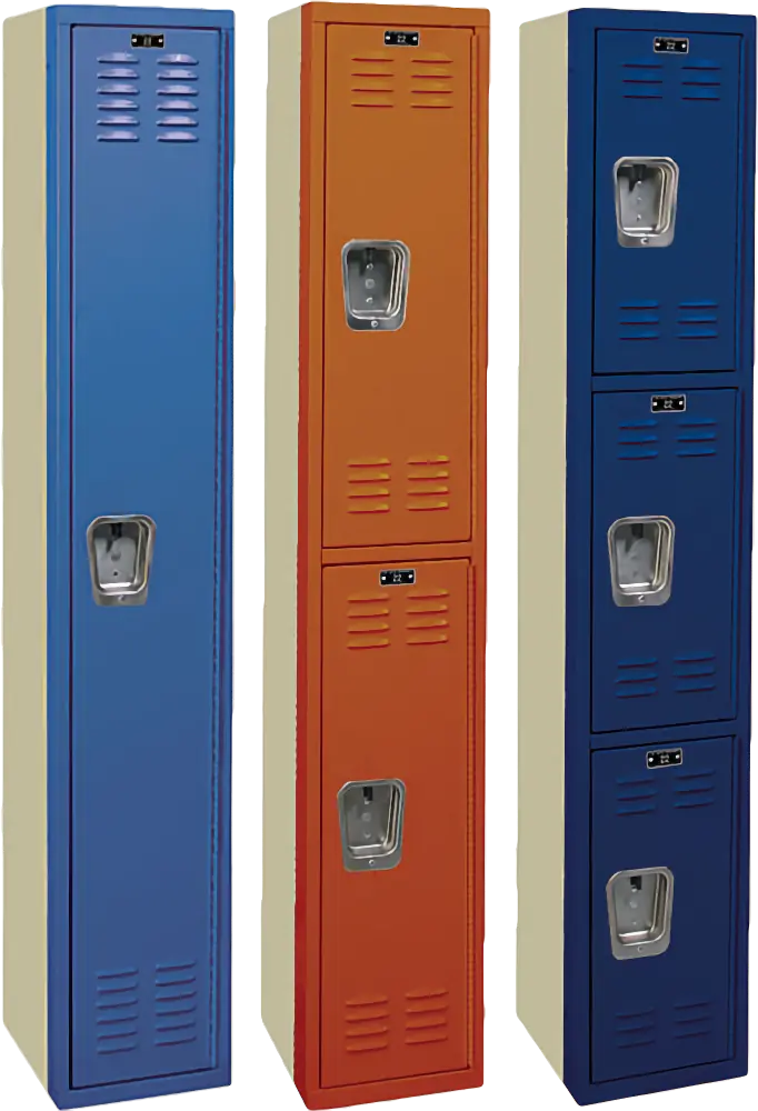 Blue full height corridor locker, orange half-height corridor locker, and blue third-height corridor locker.
