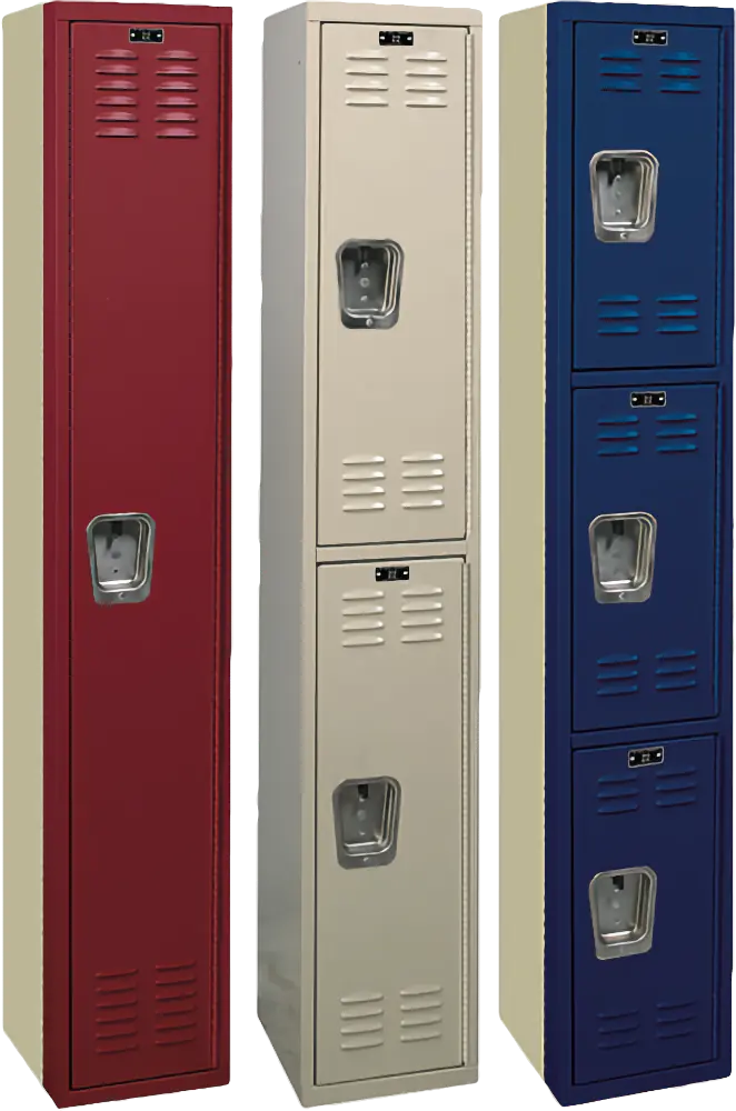 Red full height corridor locker, beige half-height corridor locker, and blue third-height corridor locker.
