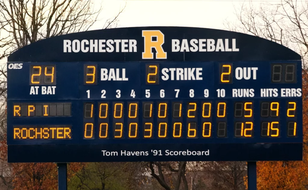 Outdoor scoreboard for baseball.
