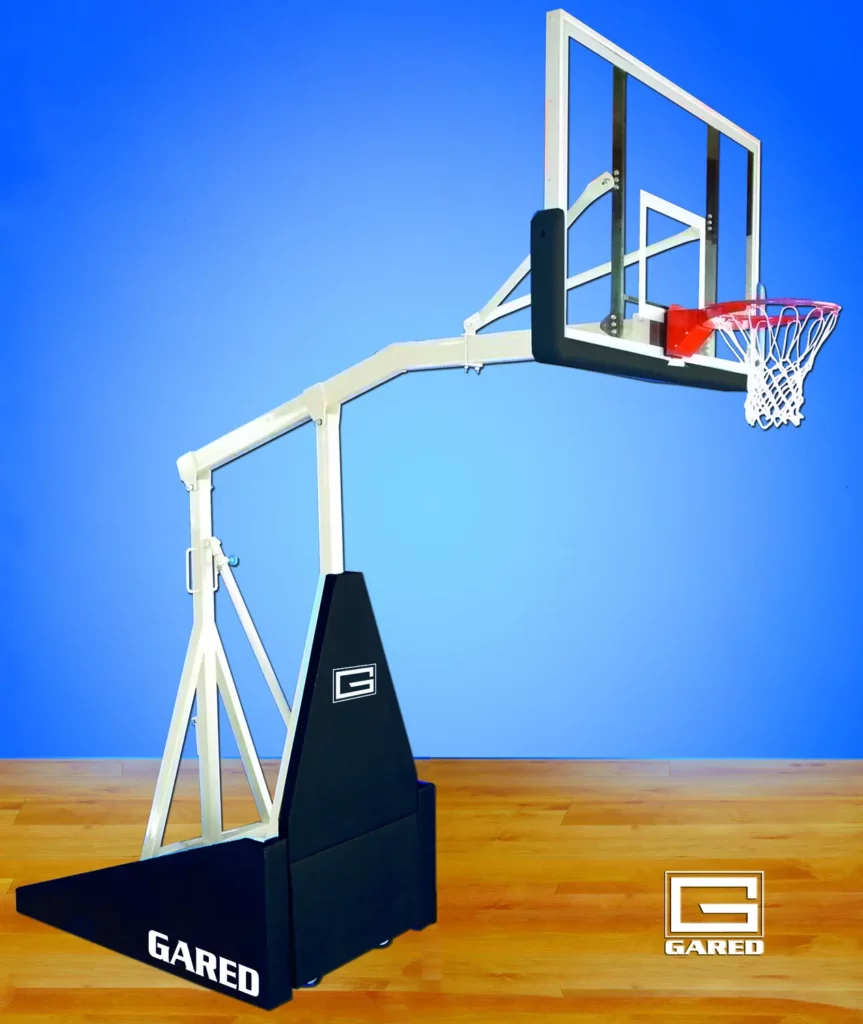 Indoor, portable basketball system: pole, backboard, rim, and net.