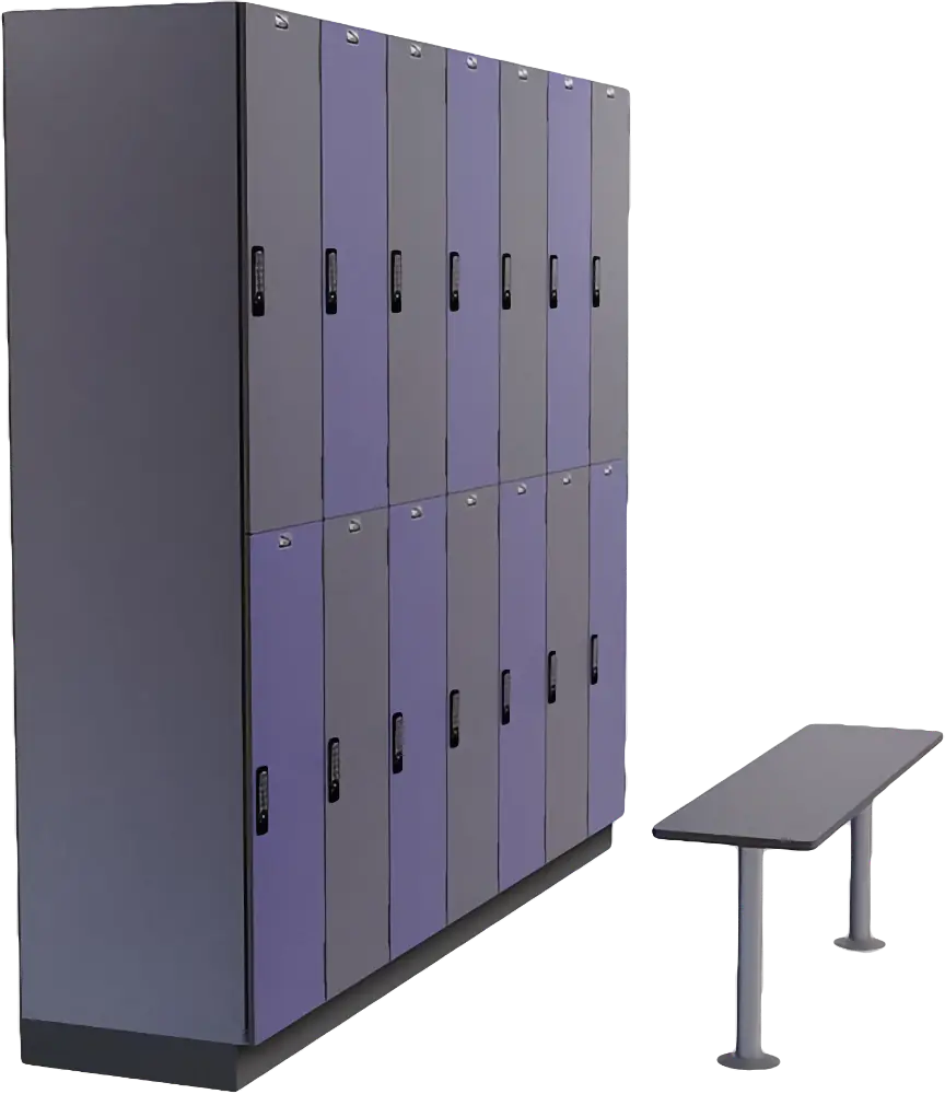 Purple and gray plastic phenolic lockers with bench seating.