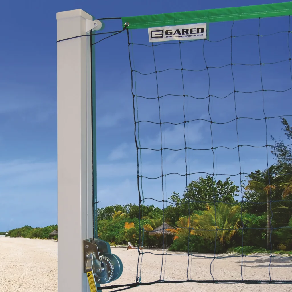 Outdoor volleyball pole and net.