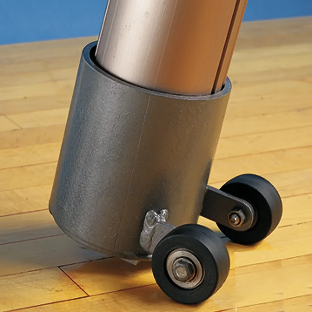 Closeup showing leg of storage rack for volleyball equipment on wheels.