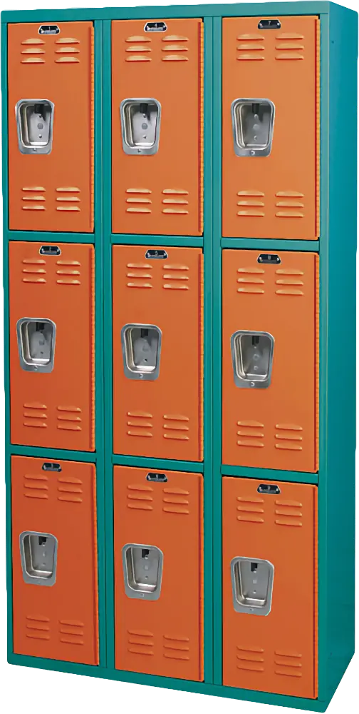Orange and teal third-height welded corridor lockers.