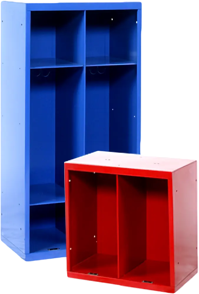 Red and blue welded corridor lockers.